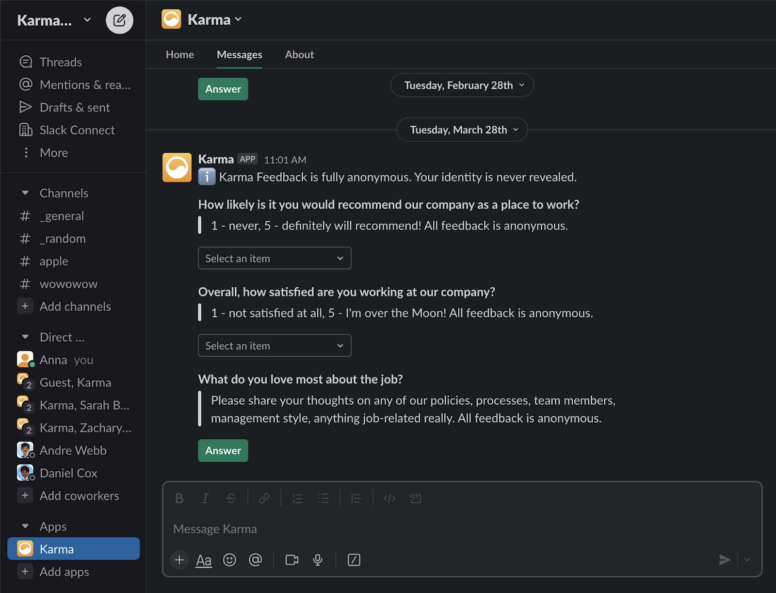 feedback in Slack